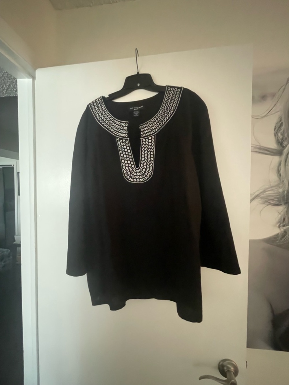 Saint Tropez West Black linen and cotton Tunic with White Embroidered neck.